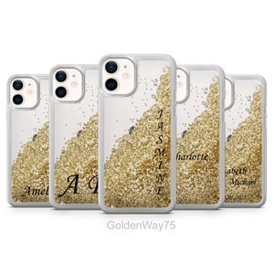 Sprankelende Custommade Vloeibare Glitter Telefoon Case Initialen Cover voor iPhone 15+ 14 Pro Max 13 12 11 XR SE Drijvend goud Drijfzand Waterval