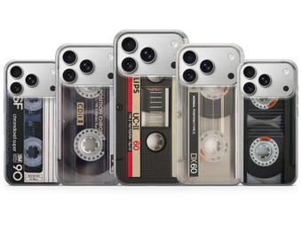 May include: Five clear phone cases with retro cassette tape designs. The cases feature various tape labels, including "SF chromdioxid super SM 90", "CDit II", "LIPS UC-II 60", and "DX60". The cases are arranged in a row.