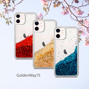 Coque liquide or scintillante, gel bleu pailleté, coque pailletée liquide rouge pour iPhone tous les modèles, cascade personnalisée or flottant de sables mouvants scintillant
