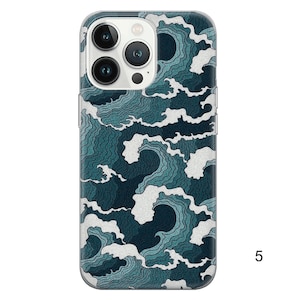 Puede incluir: Una funda transparente para tel&eacute;fono con un patr&oacute;n de olas azules y blancas. La funda est&aacute; dise&ntilde;ada para un iPhone.