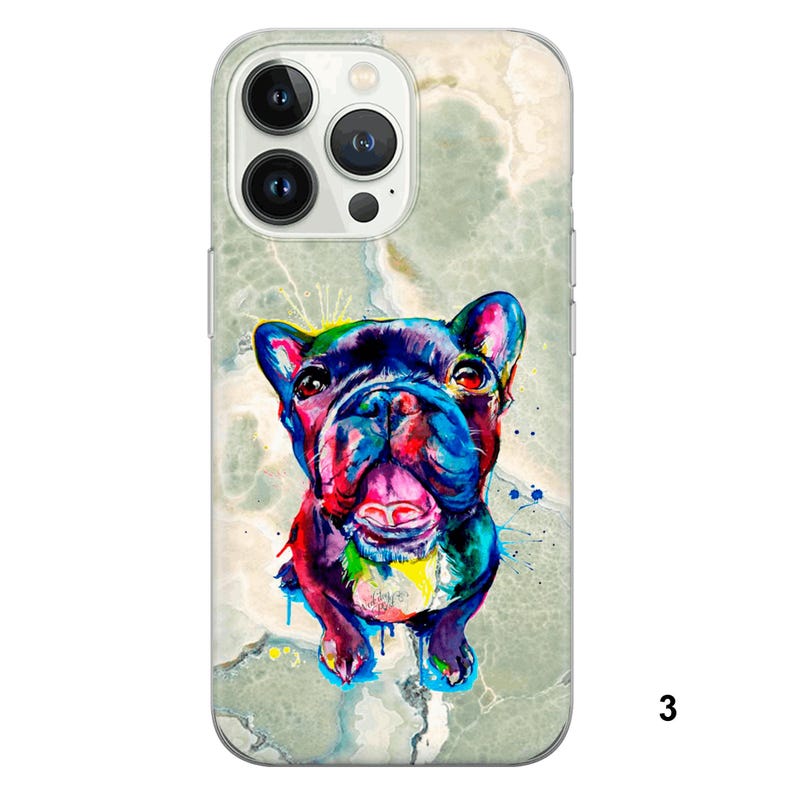 May include: A colorful, abstract painting of a French Bulldog on a light gray marble background. The dog is painted in shades of blue, green, yellow, red, and purple. The dog is looking up at the camera with its tongue sticking out.
