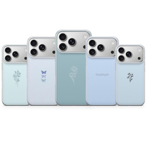 Minimalist Pastel Blue Floral Phone Case, Cute Coquette Soft TPU Gel Cover for iPhone 17e 16 Pro Max 15 14 13, Samsung S26, Pixel 10a