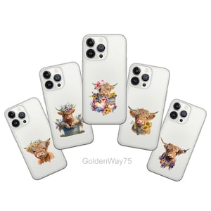 See-through Cute Highland Cow Phone Case for iPhone 16 16e 15 Pro Max 14 Plus 13 SE Samsung S25 Edge S24 Fe S23 A36 A26 A16 A15 A56 Pixel 9A