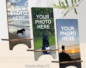 Custom Picture Wood Phone Stand Customized Photo iPhone Holder for iPhone 15 14 13 12 11 Pro Max, Samsung S24 S23 A14 A15, Pixel 8 Pro 7A