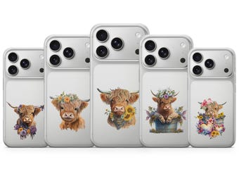 Floral Highland Cow Phone Case, Clear TPU Gel Case for iPhone 17e, Samsung S26 A57, Pixel, Cute Cottagecore Cow Cover, Boho Farm Animal Gift