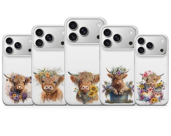 May include: Five clear smartphone cases arranged in a row, each featuring a unique watercolor illustration of a Highland cow. The designs include cows adorned with floral crowns, sunflowers, and sitting in a bucket, all with detailed fur textures.