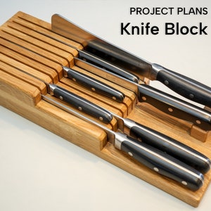 In Drawer Knife Block for nine kitchen knifes. An easy woodworking project to make it yourself with these plans.