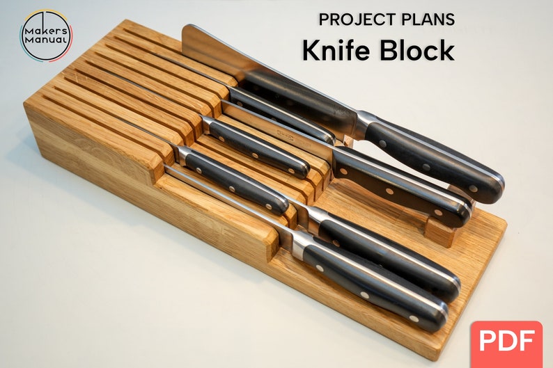 In Drawer Knife Block for nine kitchen knifes. An easy woodworking project to make it yourself with these plans.