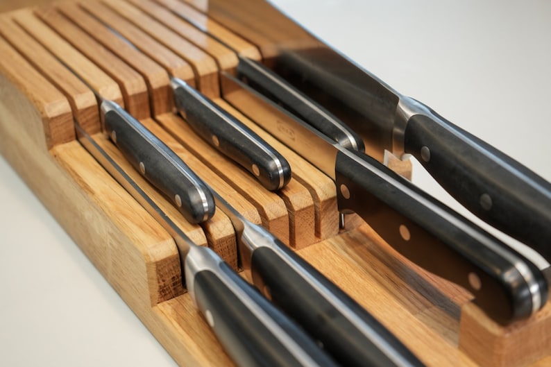 Detail view of oak knife organiser.