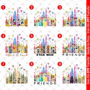 May include: A selection of iron-on DTF transfers with vibrant castle designs. Each design features characters from Disney, Star Wars, and Friends. The transfers are ready to press and include text such as "Winnie the Pooh" and "Star War".