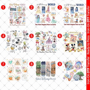 May include: A selection of iron-on DTF transfers showcasing Disney characters and park scenes. Designs include Mickey and Minnie Mouse, Donald Duck, princesses, and park landmarks. The transfers are ready to press.