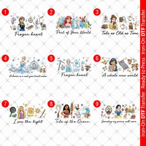 May include: A collection of nine iron-on DTF transfers featuring various animated characters and their associated icons. Each design includes a character, thematic elements, and a unique phrase such as Frozen heart, Part of Your World, and Tale as Old as Time.