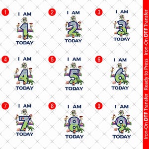 May include: Iron-on DTF transfers with numbers 1-9, the text "I AM TODAY", and Toy Story characters. The designs use green and purple colours. These transfers are ready to press onto fabric.