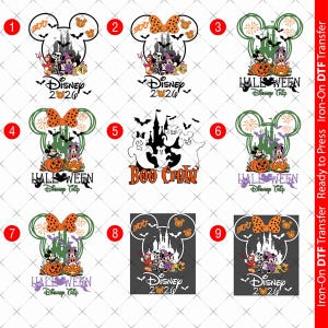 May include: A collection of nine Halloween-themed iron-on DTF transfers featuring Mickey Mouse silhouettes, castles, pumpkins, ghosts, and bats. Designs include text such as Disney 2026, Halloween Disney Trip, and Boo Crew in orange, black, and purple.