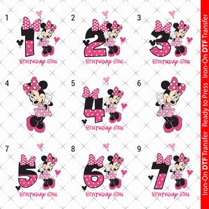 May include: Nine iron-on transfers featuring pink and black numbers 1 to 9 with a Minnie Mouse character in a pink dress. Each number has white polka dots and the text "Birthday Girl".