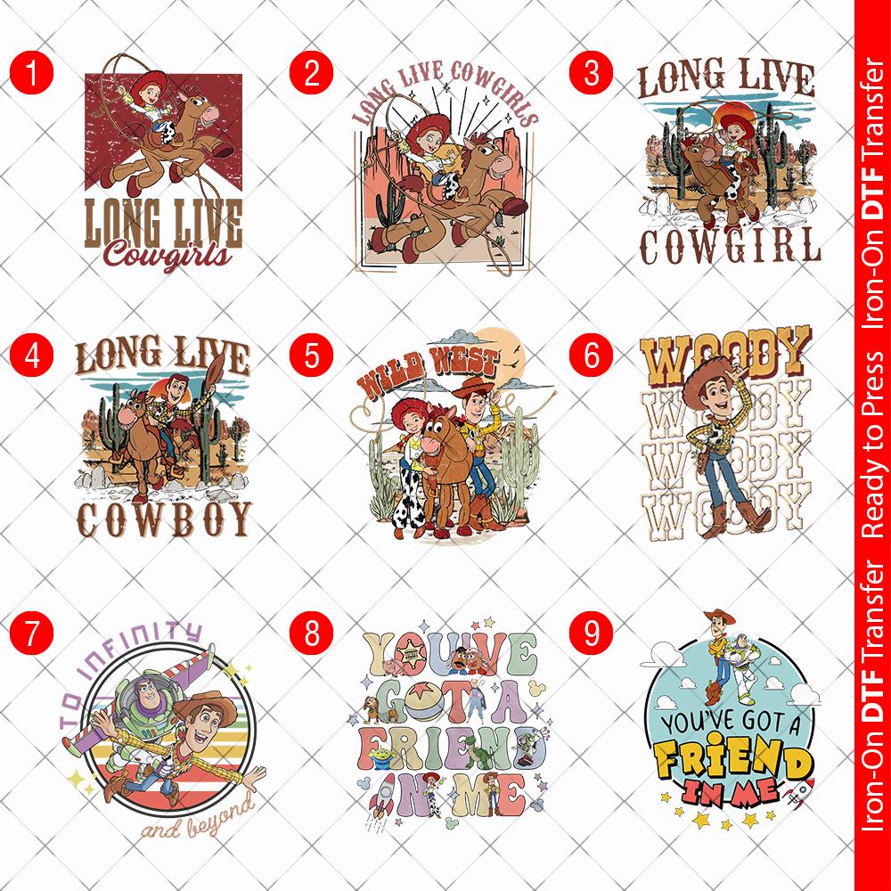 Pegatina de transferencia de calor para planchar Toy Story DTF para camisetas A4 A5 A6, lista para imprimir, vacaciones familiares, vaquera, vaquera, Woody, amigo 00026