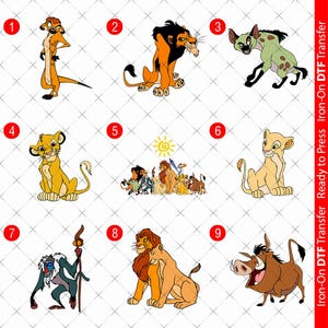 May include: A selection of cartoon images of characters from "The Lion King." The images include Timon, Scar, a hyena, Simba, Nala, Rafiki, Pumbaa, and a group scene with the sun. The images are ready for iron-on transfer.