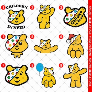 May include: Nine different iron-on transfer designs featuring a yellow bear with a colourful bandage on its head. The designs include the text "Children in Need" and various other images, such as a balloon and a Santa hat.