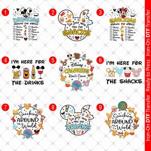 May include: Nine colourful iron-on DTF transfers with Mickey Mouse designs. Each design includes text such as "Drinking Around the World," "I'm Just Here for the Snacks," and "Disney Calories Don't Count."