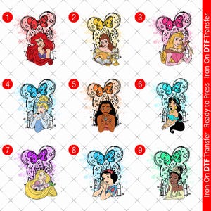 May include: Nine digital designs featuring Disney princesses with a watercolour background and a Mickey Mouse bow. The princesses are Ariel, Belle, Aurora, Cinderella, Moana, Jasmine, Rapunzel, Snow White, and Tiana.