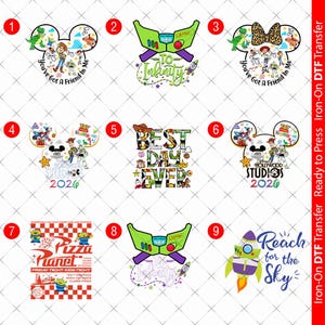 May include: A selection of vibrant iron-on DTF transfers with diverse designs. Designs include Toy Story characters, Mickey Mouse ears, Buzz Lightyear's space suit, and text such as "You've Got a Friend in Me" and "Best Day Ever."