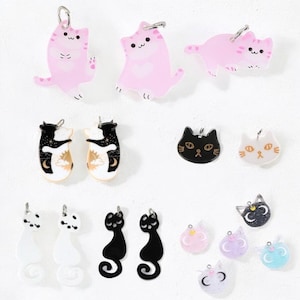 Moon Cat Acrylic Charms | Day And Night Cats Charm | Hug Embrace Cat | White Black Japan Cartoon Cats | Cats For Jewelry |  Ref: P329