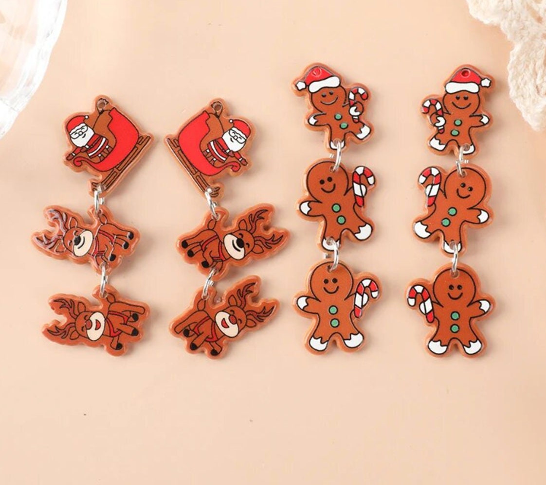Santa's Sleigh Acrylic Charms | Gingerbread Men Cookies | Christmas Jewelry | DIY Jewelry | Ref: P275