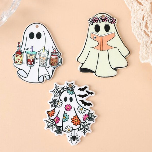 Halloween Ghost Acrylic Charm | Ghost With Coffee | Flower Ghost with Cobwebs and Bats | Ghost Reading Book | DIY Jewelry | Ref: P214