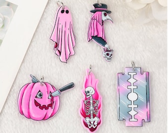 Pink Pastel Goth Acrylic Charms | Ghost | Pumpkin | Blade | Skeleton on Fire | Scarecrow | DIY Making Jewelry | Ref: P10