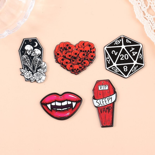 RIP Sleepy Vamp Coffin Acrylic Charms | Dungeons And Dragons D20 Dice | The Lovers | Heart Of Skulls | Vamp Lips | DIY Jewelry | Ref: P178