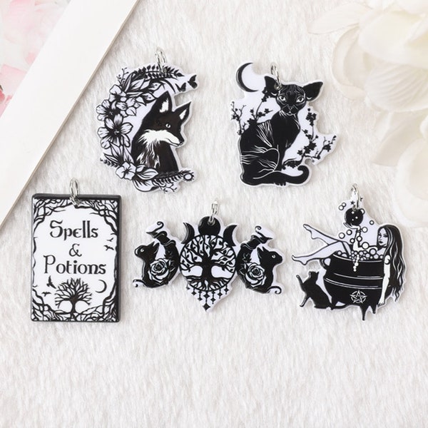 Witch Acrylic Charms | Magic Spell | Magical Potions | Black Cat Dreamcatcher Witchy | Wicca | Triple Moon | DIY Jewelry | Ref: P189