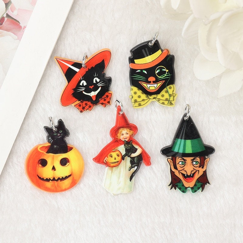 Vintage Halloween Double Sided Acrylic Charms - Set of 2 - Orange Witchy Cat
