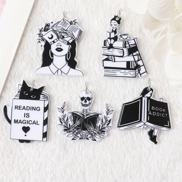 Love Books Girl  Acrylic Charms | Book Adict | Reading Is Magical | Cat Reader Books | Skull  | DIY Jewelry | Ref: P185