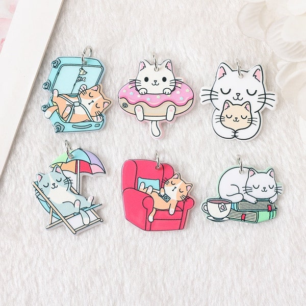 Cat Acrylic Charm | Cute Kitten Pendants |  Animal Cats And Books | cats and Donuts | Cat on the Beach | P153