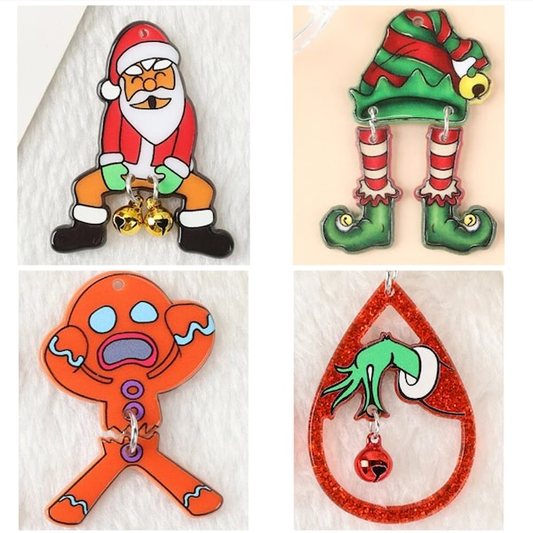 Christmas Acrylic Charms |  Elf Hat | Santa Claus with Jingle Bells | Jingle Bells Grinch | Gingerbread Man | DIY Jewelry | Ref: P266