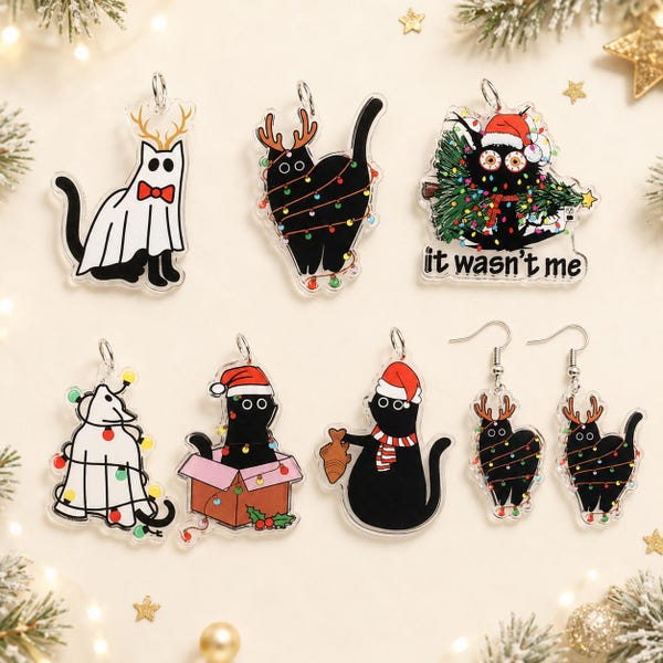 Colgantes/pendientes acrílicos de gato negro navideño / Caja de regalo con luces de árbol fantasma, peces y renos P495