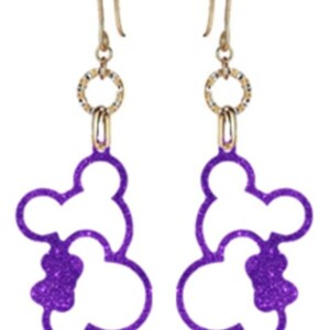May include: Purple glitter Mickey Mouse silhouette dangle earrings with gold hoops and hooks.