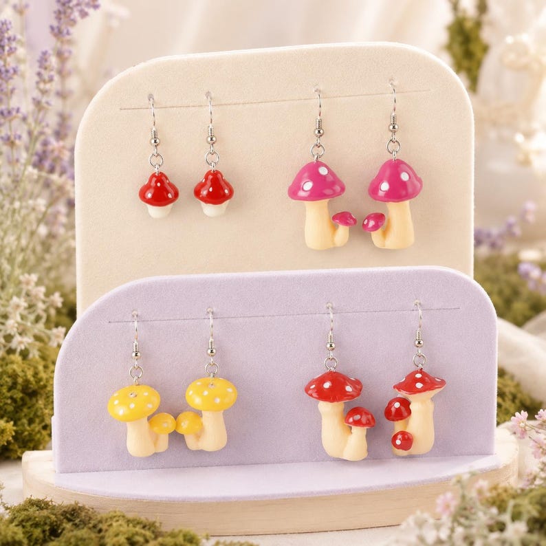 May include: Four pairs of dangle earrings featuring mushroom charms in various colors. The top row includes small red mushrooms and larger pink mushrooms with white spots. The bottom row features yellow mushrooms and red mushrooms with multiple caps.