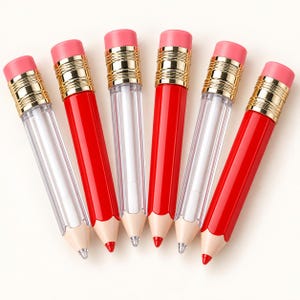 May include: Six lip gloss containers shaped like pencils, featuring a bright red body, a beige pointed tip, and a gold-colored metal ferrule topped with a pink eraser. The containers are arranged in a fan shape, showcasing their design.