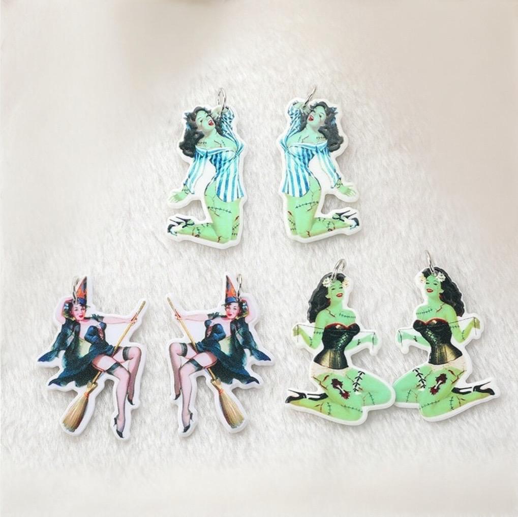 Horror Witch Acrylic Charms | Sexy Zombie |She-Hulk Green Girl | Witch on Broom | Jewelry Findings | DIY Earring Pendant Necklace | Ref P100
