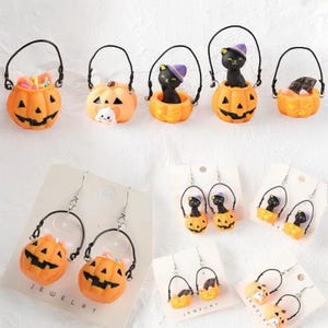 3D Resin Halloween Earrings | Pumpkin Candy Bucket, Black Cat