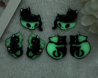 Glow In Dark Hug Cats Acrylic Charm | Cat Lying on Skull | Moon Cat |  DIY Jewelry | Ref: P280