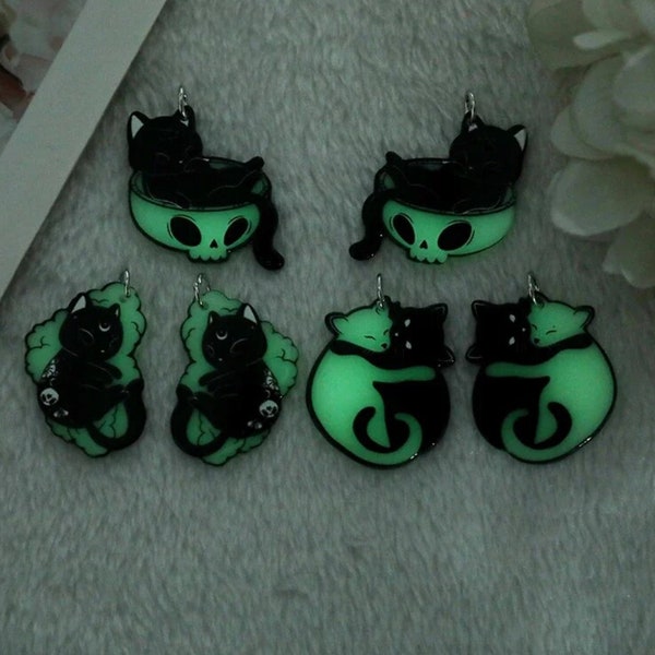 Glow In Dark Hug Cats Acrylic Charm | Cat Lying on Skull | Moon Cat |  DIY Jewelry | Ref: P280