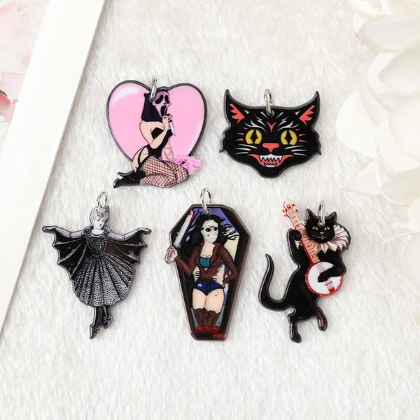 Halloween Acrylic Charms | Banjo Cat | Saw Girl | Coffin Girl | Bat Coffin | Goth Pendant For Earring Necklace | DIY Making | P90