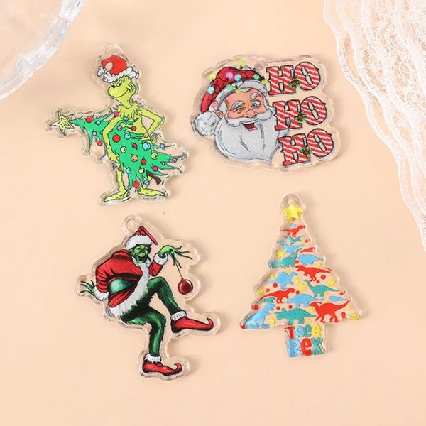 Christmas Acrylic Charms | Grinch | Santa Noel Ho Ho Ho | Tree Rex | Santa Claus | Dinosaur Christmas Tree | DIY Jewelry | Ref: P232