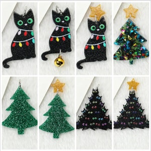 Cat Christmas Tree Acrylic Charms |  Star Tree | Jingle Bell Cat | Ref: P256