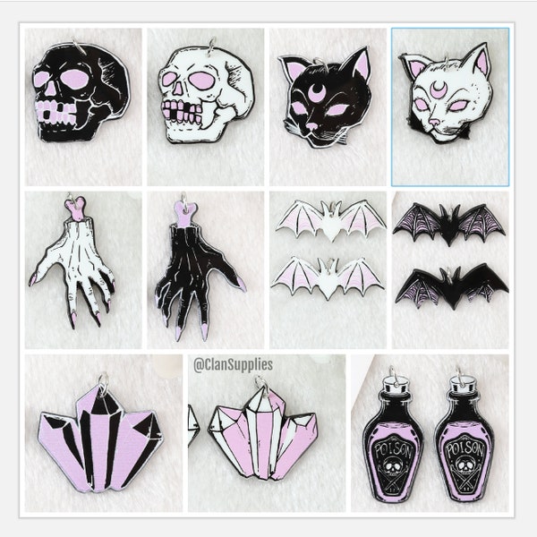 Halloween Acrylic Charm | Bat Charm | Skull Charm | Skull Hand Charm | Cat Charm | Poison Bottle Charm | Quartz Crystals | Horror Charm  P50