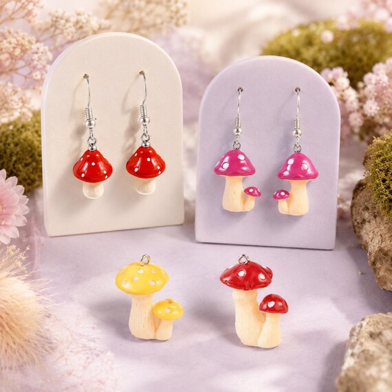 Mushroom 3D Resin Charm or Earrings | DIY Jewelry Supply |  Making Handmade Craft | Ref: P5