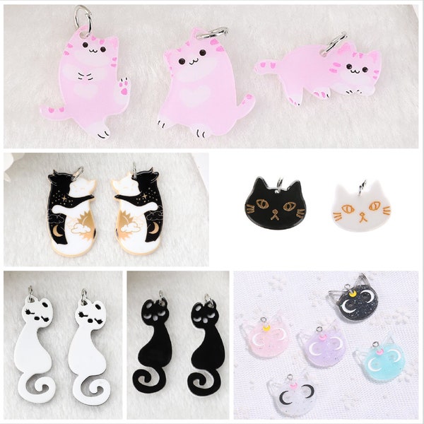 Moon Cat Acrylic Charms | Day And Night Cats Charm | Hug Embrace Cat | White Black Japan Cartoon Cats | Cats For Jewelry |  Ref: R7