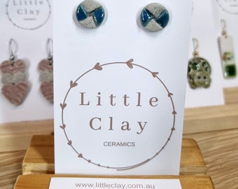 Handmade ceramic stud earrings - blue and grey circle weave